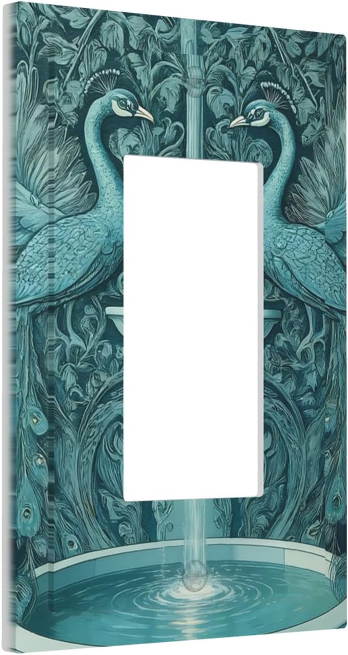 Art Nouveau Peacocks & Fountain in Teal Garden Single Rocker Switch Cover - 1-Gang Standard US Size Elegant Garden Escape Light Switch Covers for Living Room Decor
