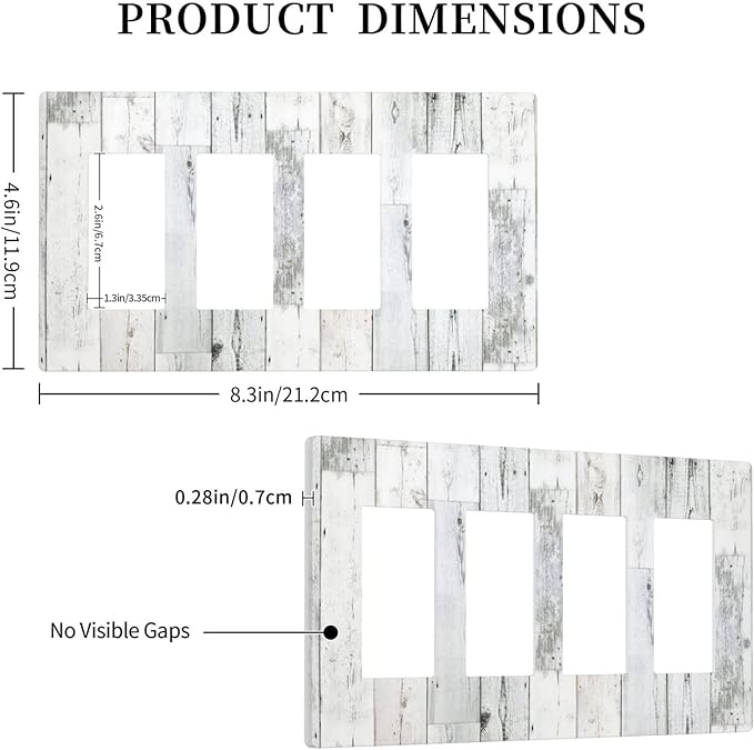 Grey White Wood 4 Gang Quad Rocker/Decor Light Switch Cover Plate Decorative Electrical Faceplate for Bathroom Room Decorate Jumbo Size Screwless 8.3" x 4.6