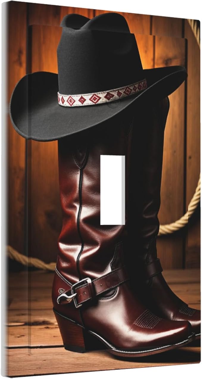 Western Cowboy Boots & Hat 1-Gang Toggle Light Switch Plate, Rustic Ranch Cowboy Decorative Wall Plate for Man Cave Bedroom Decor