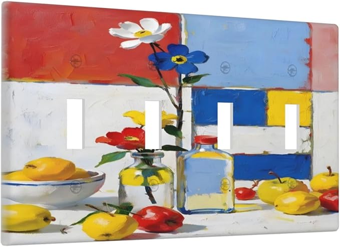 Color Block Floral Still Life Art Red Yellow Blue Abstract Light Switch Covers Quad Toggle Electrical Faceplate 4 Gang Wall Plate Decorative Switch Plates Cover for Farmhouse Bedroom Decor