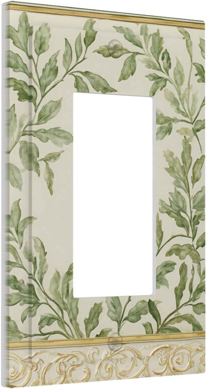 Soft Green Botanical Scroll Single Rocker Switch Cover - 1-Gang Standard US Size Regency Style Leafy Vine Design Light Switch Covers for Bedroom Living Room Decor