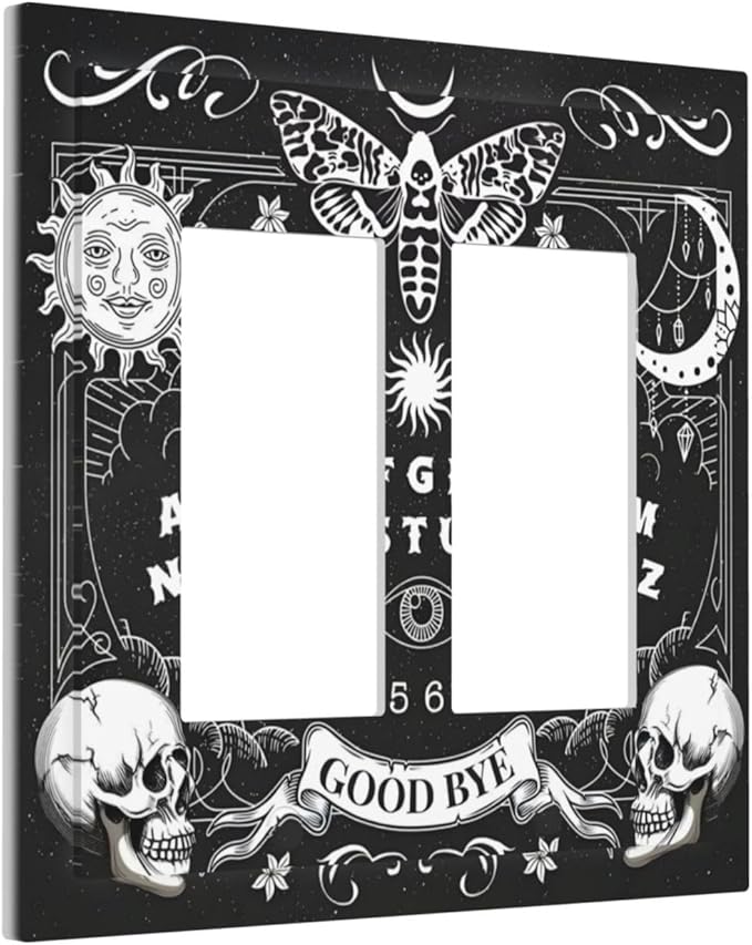 Black Witchy Skeleton Skull Gothic Sun Moon Decorative Outlet Covers 2 Gang Double GFCI Rocker Electrical Wall Panels Light Switch Cover Plate for Bedroom Living Room Decor