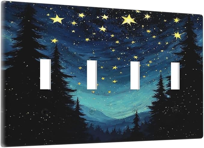 Light Switch Covers Blue Starry Sky Forest Painted Star Pine Tree Oil Painting Quad Toggle 4 Gang Wall Plate Electrical Faceplate Decorative Switch Plates for Bedroom Cabin Decor