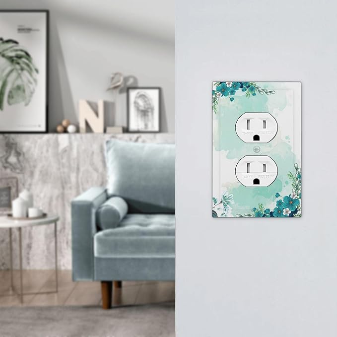 Outlet Covers Blue Green Flowers Light Green Watercolor Patterns 1 Gang Duplex Light Switch Cover Electrical Receptacle Faceplate Wall Plate Decorative Switch Plates for Bedroom Home