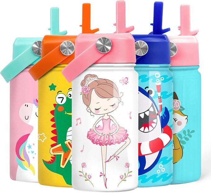 SANDJEST Ballet Water Bottle - Kids Water Bottle with Straw Lid - 12 Oz Insulated Stainless Steel Water Bottles for Kid Girls - Travel Cup for School Sports
