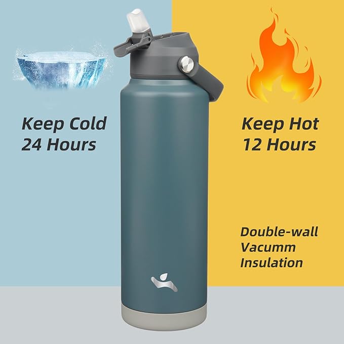 Konokyo Insulated Water Bottle with Straw Lid,40 oz Stainless Steel Vacuum Metal Bottle with Silicone Handle,Dark Gray