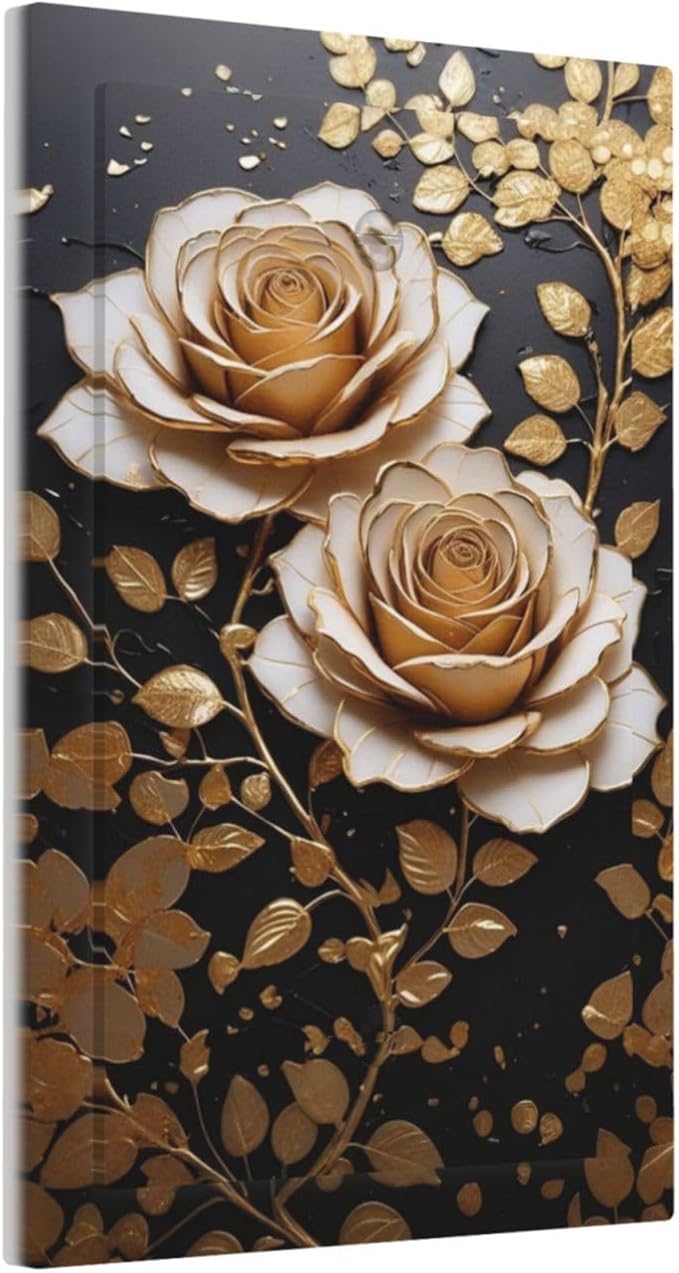 Decorative Light Switch Plate Covers Big Golden White Roses Glod Leaves Black Background 1 Gang No Device Switch Cover Plate Single Blank Wall Plate Switchplate Electrical Faceplate