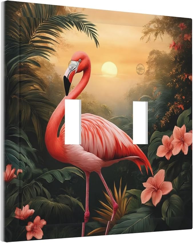 Tropical Flamingo Jungle Paradise Double Toggle Switch Cover - 2-Gang Standard US Size Exotic Jungle Escape Light Switch Covers for Bathroom Decor