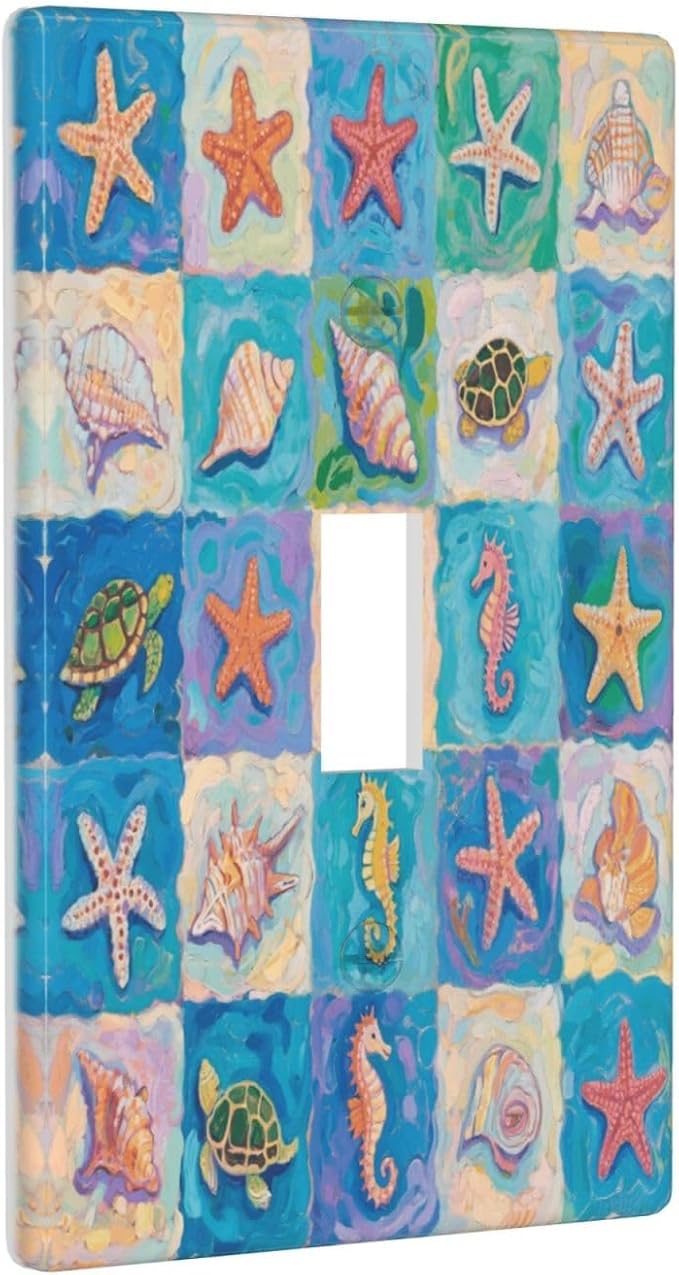 Sea Turtle Starfish Ocean Single Toggle Wall Plate Decorative 1 Gang Light Switch Covers Electrical Switchplate Home Decorate Faceplat for Bathroom Bedroom Kitchen Room 4.5 x 2.76 Inch