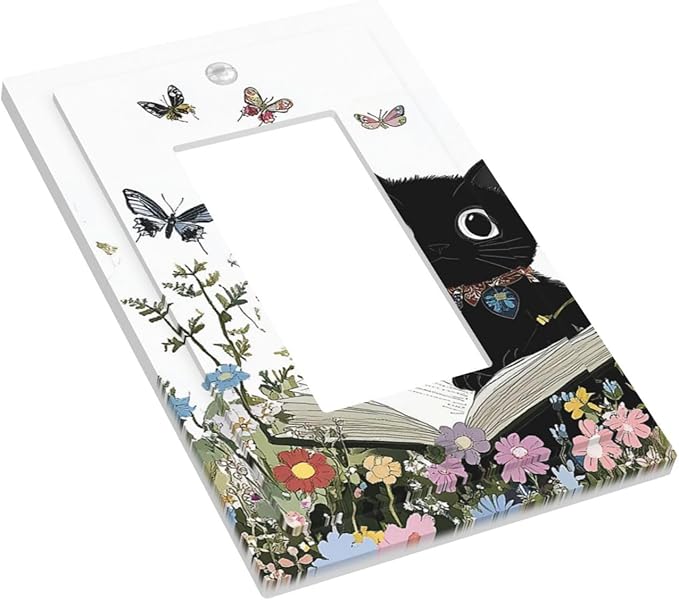Decorative Outlet Covers Cute Cat Wildflowers Boho Flowers Floral 1 Gang Single Rocker Light Switch Cover Plate Wall Plates Gfci Faceplate For Nursery Kids Room Decor