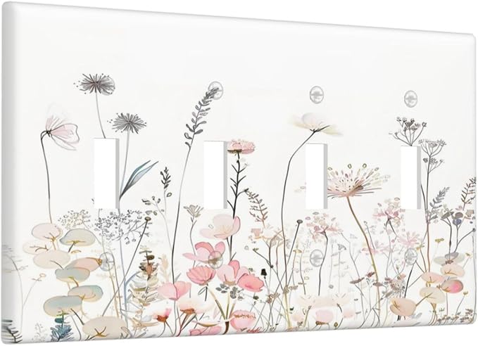 Floral Watercolor Wildflower Dandelion Plant Light Switch Covers Quad Toggle Electrical Faceplate 4 Gang Wall Plate Decorative Switch Plates for Farmhouse Bed Room Decor