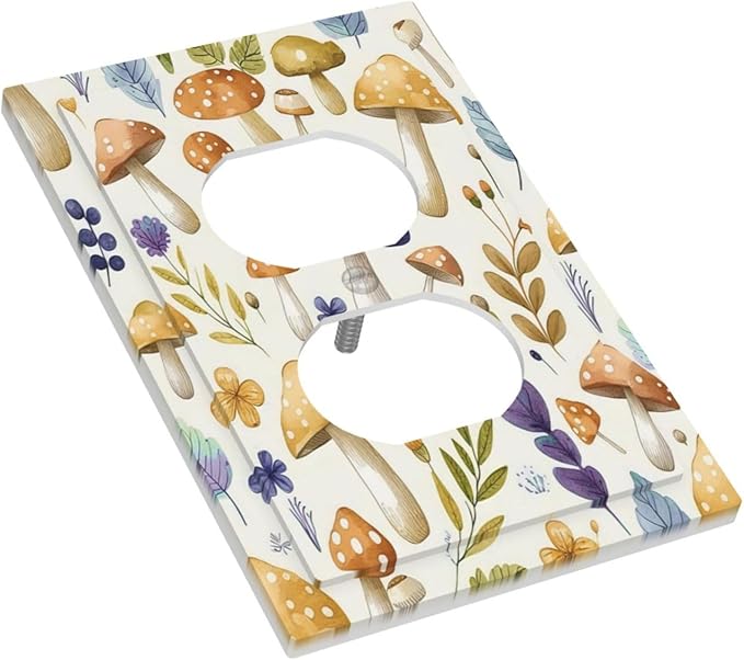 Boho Watercolor Mushroom Flowers Leaf Colorful Floral Outlet Covers 1 Gang Duplex Light Switch Cover Decorative Switch Plates Electrical Receptacle Faceplate Wall Plate for Kids Room Nursery Decor