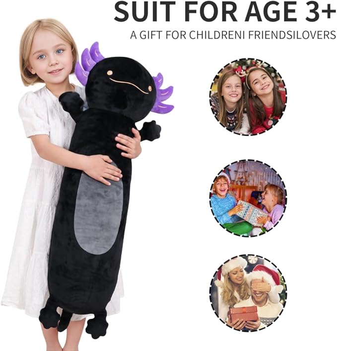 Dalmao 28 inch Black Axolotl Stuffed Animal, Cute Long Body Cuddle Squishy Pillow, Big Axolotl Plushies Toy Gifts for Kids, Boys for Birthday