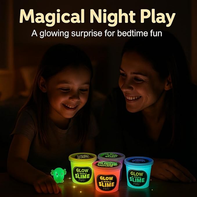 4 Pack Glow in The Slime Kit with Axolotl Charms, 4 Neon Party Favors for Kids, Sensory Toy for Boys & Girls, Non-Toxic, Stretchy, Gooey Fun, Birthday, Halloween, Classroom & Treat Bags