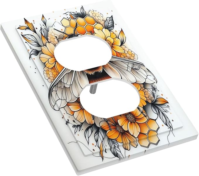 Outlet Covers Bee Honeycomb Flowers Plant Leaves 1 Gang Duplex Light Switch Cover Decorative Switch Plates Electrical Receptacle Faceplate Wall Plate For Nursery Kids Room Decor