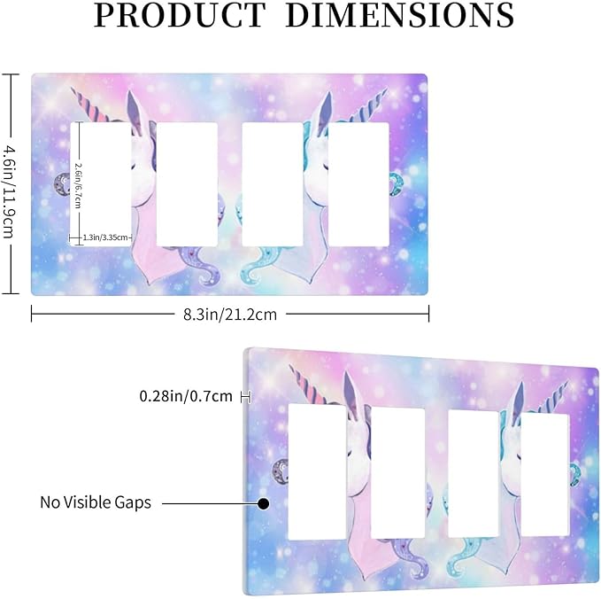 Girl Purple Pink Rainbow Blue Unicorn 4 Gang Quad Rocker Light Switch Cover Decorative Quadruple Device GFCI/Decorator Wall Plate Electric Faceplate Screwless
