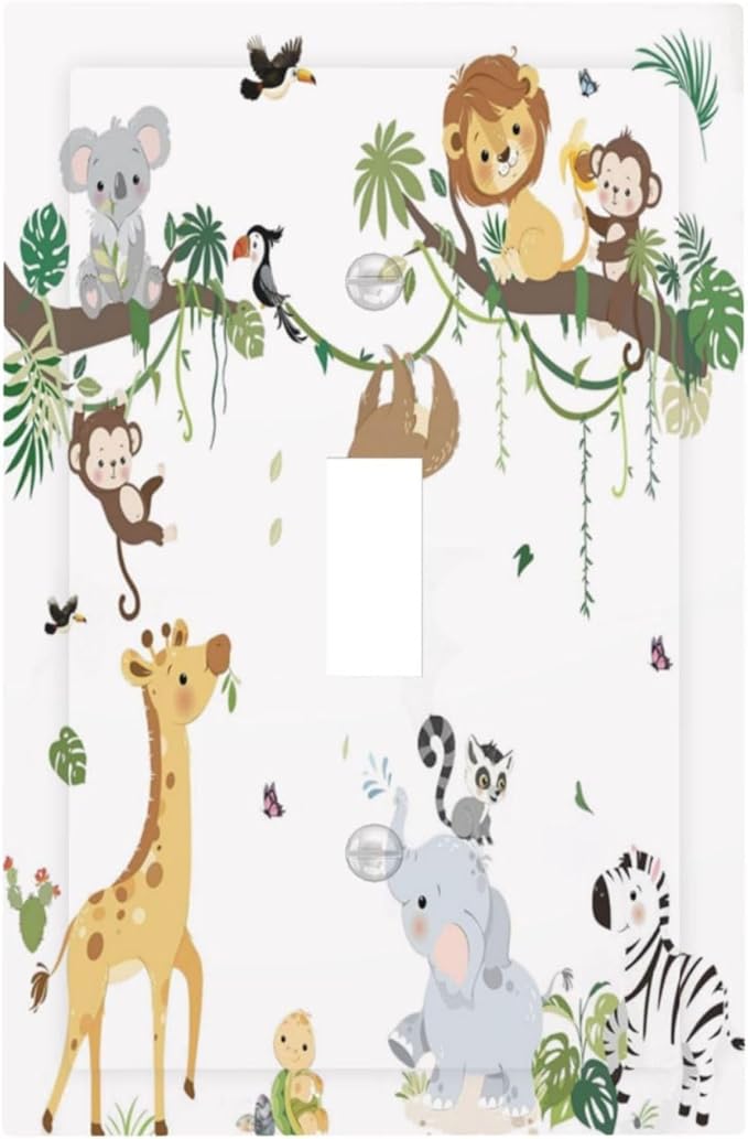 Jungle Animals Tree Branch Monkey Giraffe Lion Elephant Decorative Light Switch Cover 1 Gang Single Toggle Device Electrical Faceplate Switchplates Decorator Outlet Wall Plate for Kids Room Nursery