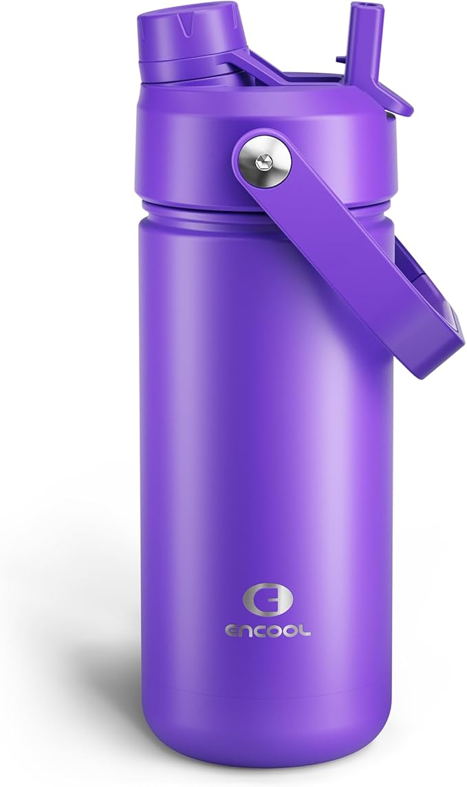 ENCOOL Insulated Water Bottle with Straw Stainless Steel Water Bottle, Leak-Proof, BPA-Free, Double Wall Vacuum Keeps Cold for 24 Hours for Sports, Travel, School (18 oz, Violet)