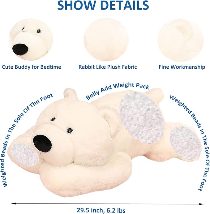 Weighted Stuffed Animals, 29.5" 6.2lbs Weighted Bear Stuffed Animal Toy Cute White Bear Plush Pillow Weighted Plush Animals Toy