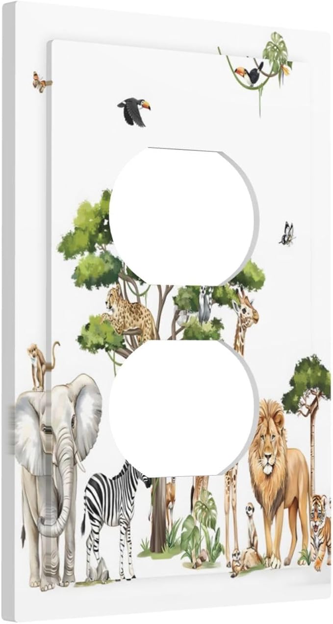 Large Animals Elephant Giraffe Jungle Lion Leopard Zebra Outlet Covers 1 Gang Duplex Light Switch Cover Decorative Switch Plates Electrical Receptacle Faceplate Wall Plate for Kids Room Nursery Decor