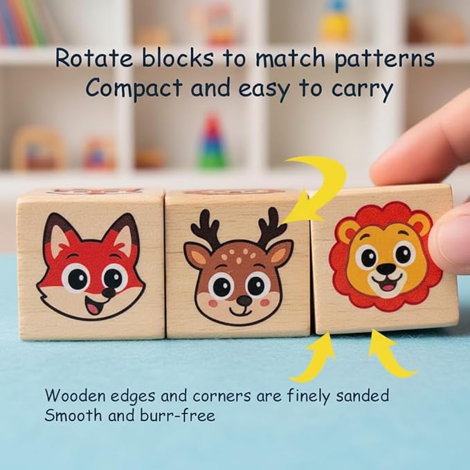 Wooden Animal Rotating Blocks Puzzle Montessori Toddler Matching Game Fine Motor Skills Sensory Toy for Kids 1-3 Years Old