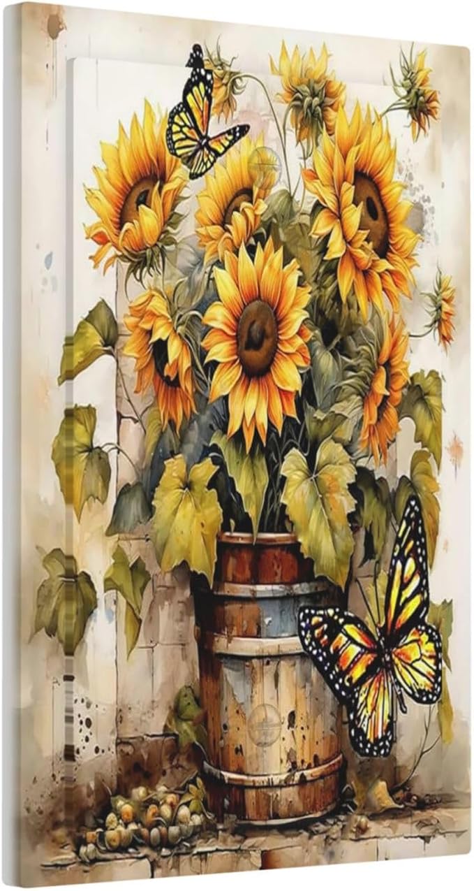 Light Switch Cover Plate Rustic Vintage Sunflower Bouquet Butterfly 1 Gang No Device Blank Electrical Wall Plates Faceplate Decorative Switch Plate for Farmhouse Cabin Decor