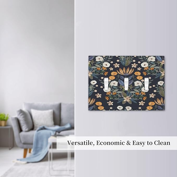 Boho Leaf Floral Navy Blue Background 3 Gang Light Switch Covers Triple Toggle Wall Plate Decorative Switchplate Electrical Faceplate for Farmhouse Country Bedroom Bedroom Decor