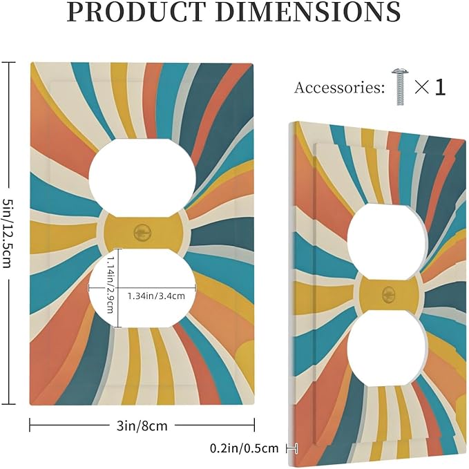 Decorative Outlet Covers with Retro Mid-Century Modern Sunburst Motif Design 1 Gang Duplex Light Switch Cover Plate Unique Wall Plates Switchplate Cover for Abstract Teal/Yellow/Orange Wall