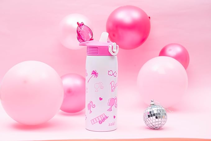 Zak Designs Barbie Sage Kids Water Bottle For School or Travel, 19oz Stainless Steel Water Bottle With Straw, Handle, and Leak-Proof, Pop-Up Spout Cover (Barbie)