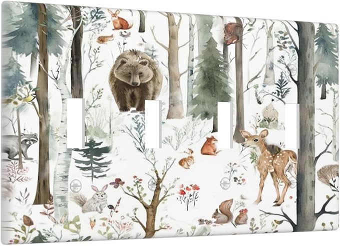Snow Bear Fox Deer Forest Squirrel Wild Life Animal Light Switch Covers Quad Toggle Electrical Faceplate 4 Gang Wall Plate Decorative Switch Plates for Farmhouse Kids Room Decor