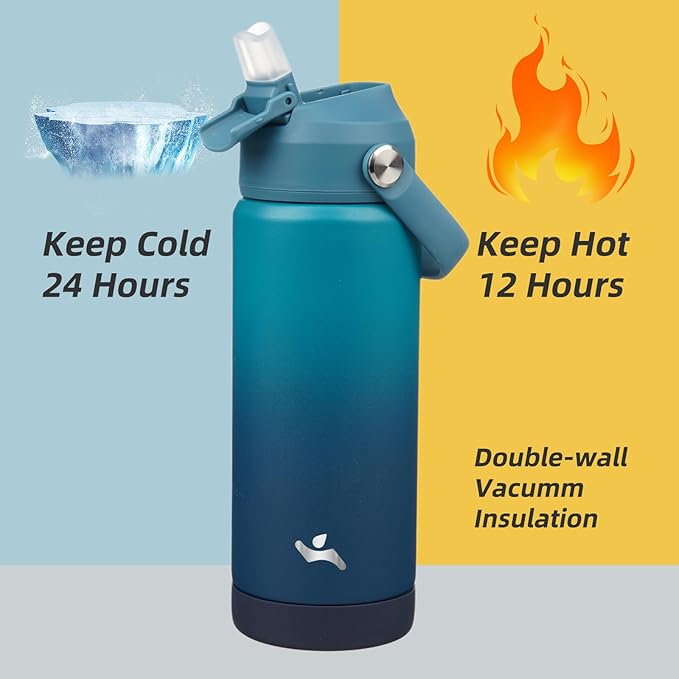 Konokyo Insulated Water Bottle with Straw Lid,18 oz Stainless Steel Vacuum Metal Bottle with Silicone Handle,Vast