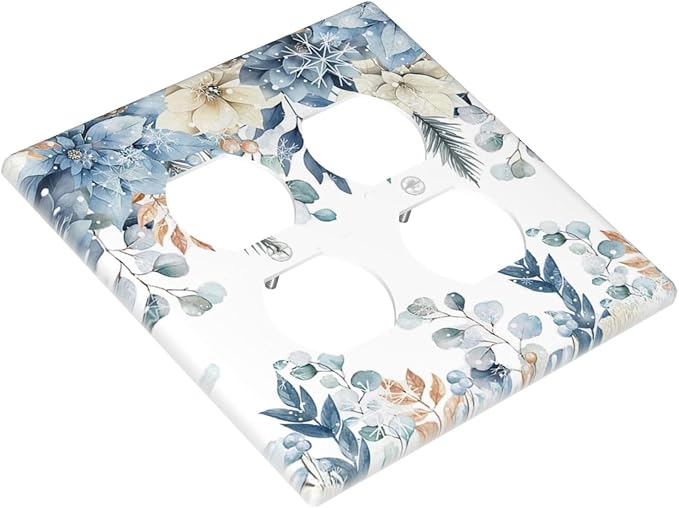 Blue Vine Snowflake Plants Leaves Floral Flowers Outlet Covers 2 Gang Double Duplex Decorative Light Switch Covers Electrical Wallplates Socket Faceplate for Bedroom Living Room Decor
