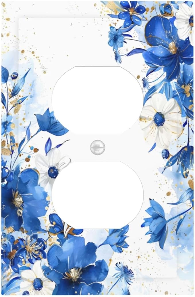 Klein Blue Flowers Watercolor Golden White Floral Outlet Covers 1 Gang Duplex Light Switch Cover Decorative Switch Plates Electrical Receptacle Faceplate Wall Plate for Bedroom Living Room Decor