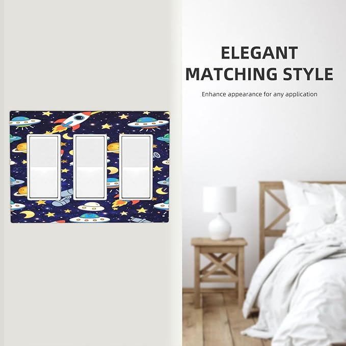 Decorative Outlet Covers Navy Blue Space-themed Rocket Spaceship 3 Gang Light Switch Cover Plate Triple Rocker Wall Plates for Electrical Switch Plate Covers for Children's Room Decor