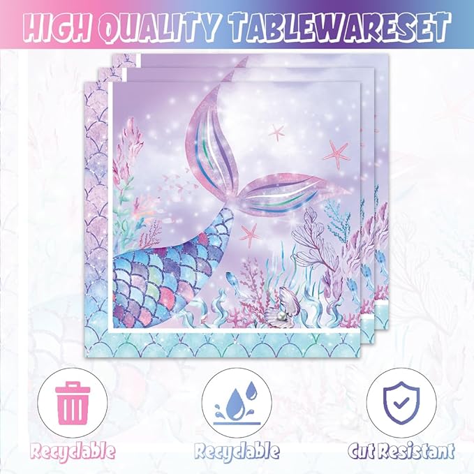 40pcs Mermaid Themed Party Supplies Under the Sea Mermaid Birthday Party Decorations Ocean Party Tableware Set for Girls Baby Shower