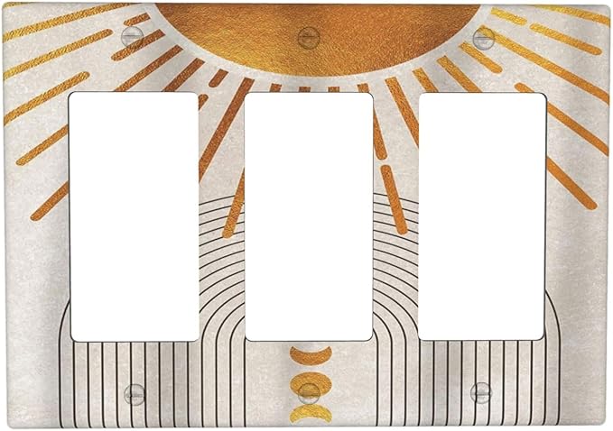 Mid Century Gold Sun Abstract Arch Boho Moon 3 Gang Rocker Light Switch Covers Decorative Unique Triple Outlet Wall Plate Cover Faceplate Decorative Switchplate GFCI for Kitchen Bathroom Decor