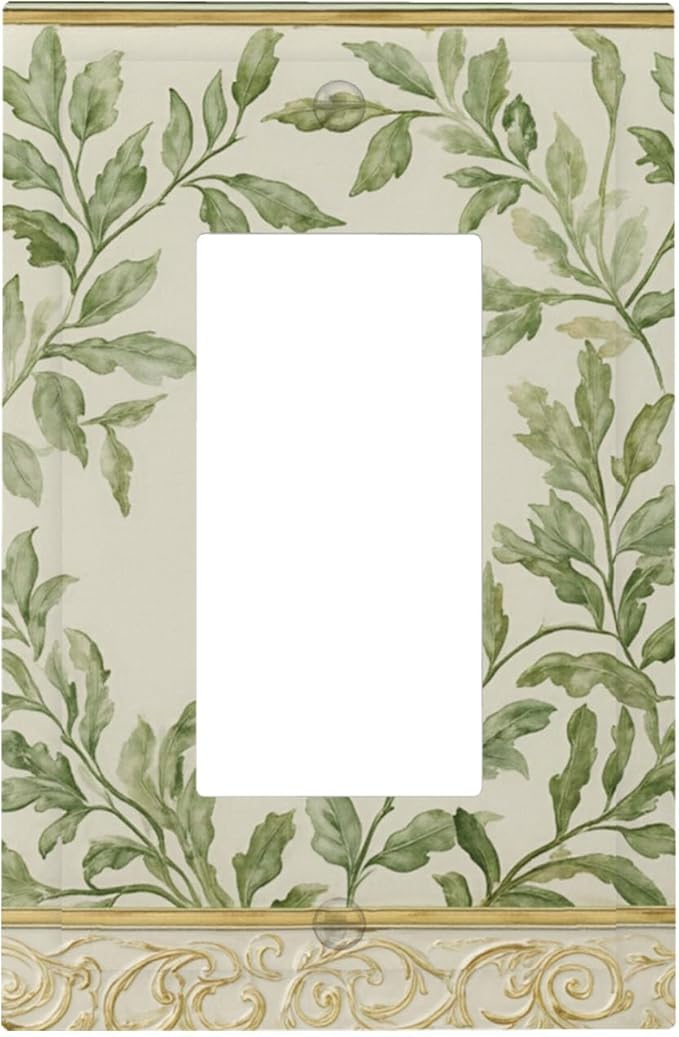 Soft Green Botanical Scroll Single Rocker Switch Cover - 1-Gang Standard US Size Regency Style Leafy Vine Design Light Switch Covers for Bedroom Living Room Decor
