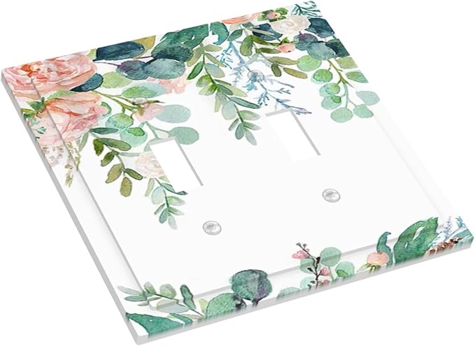 Green Eucalyptus Leaves Floral Watercolor Flower Decorative Switch Plates 2 Gang Double Toggle Outlet Light Switch Cover Wall Plate Electrical Faceplate for Bed Room Living Room Decor
