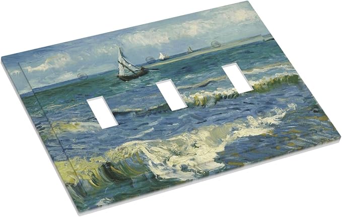 Nautical Ocean Waves Sailboat Painting Blue Sky Decorative Switch Plates 3 Gang Wall Plate Triple Toggle Light Switch Cover Faceplate Electrical Wall Panels for Bathroom Bedroom Decor