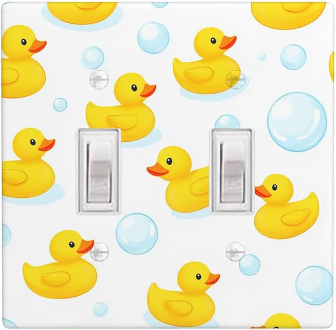 Yellow Rubber Duck 2-Gang Double Toggle Switch Plate, Cute Duck Bubble Wall Plate for Kids Bathroom, Nursery & Boys Girls Room