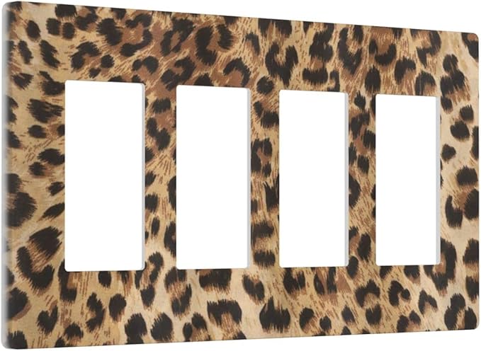 Classic Leopard Cheetah 4 Gang Quad Rocker/Decor Light Switch Cover Plate Decorative Electrical Faceplate For Girls Boys Home Bedroom Decorate Large Size 8.3" x 4.6