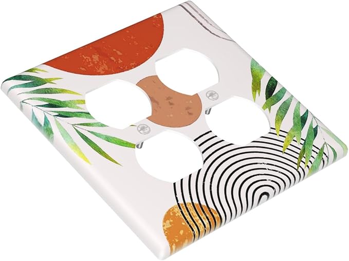 Red/Orange Boho Sun Sunset Abstract Art 2-Gang Device Duplex Wall Plate, Mid Century Bohemian Arch Olive Leaf Decorative Two Gang Double Duplex Receptacle Socket Outlet and Light Switch Cover Plate