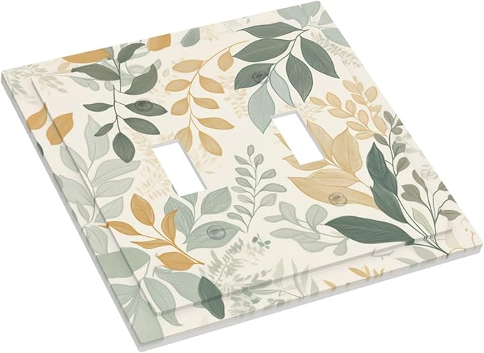 Boho Watercolor Leaves 2 Gang Light Switch Cover Green Botanical Double Toggle Wall Plate Decorative Electrical Switchplate Covers for Country Bedroom Kitchen Home Living Room Decor