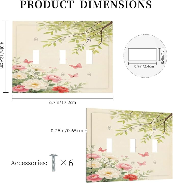 Decorative Switch Plates Garden Flowers Green Leaves And Butterflies 3 Gang Wall Plate Faceplate Triple Toggle Light Switch Cover Electrical Wall Panels for Bedroom Cabin Decor