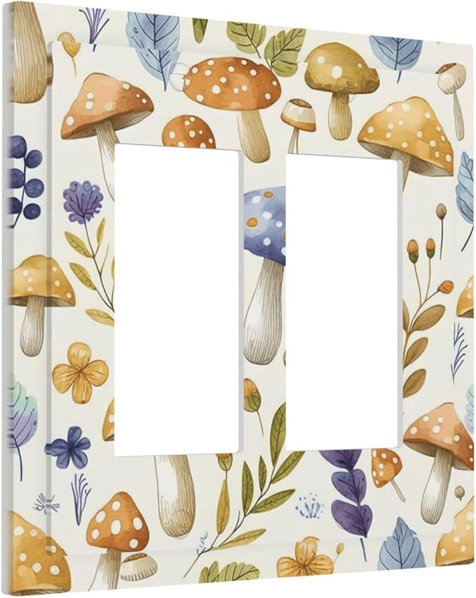 Boho Watercolor Mushroom Flowers Leaf Colorful Floral Decorative Outlet Covers 2 Gang Double GFCI Rocker Electrical Wall Panels Light Switch Cover Plate for Kids Room Nursery Decor