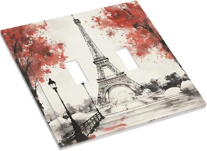 Parisian Watercolor Eiffel Tower Double Toggle Switch Cover - 2-Gang Standard US Size Paris Cherry Blossoms Romantic Light Switch Covers, Vintage French Watercolor for Bedroom Decor