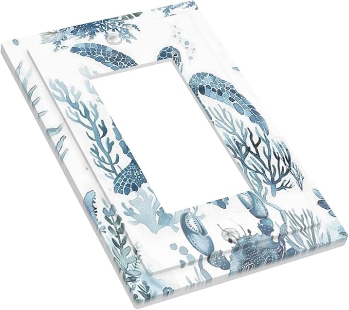 Blue Sea Turtle Coastal Coral Beach Crab Seaweed Decorative Outlet Covers 1 Gang Single Rocker Light Switch Cover Plate Wall Plates GFCI Faceplate for Kids Room Bathroom Decor