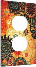 Red Orange Boho Bohemian Flower Floral 1 Gang Receptacle Wall Plate Duplex Outlet Covers Decorative Single Device Switchplate Face Wallplate Bedroom Decorate