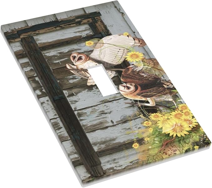 Vintage Brown Blue Old Wooden Door Single Toggle Wall Plate Covers 1 Gang Light Switch Cover Antique Barn Door with Owls Sunflower Faceplate Decorative Electrical for Bathroom Kitchen Home Decor
