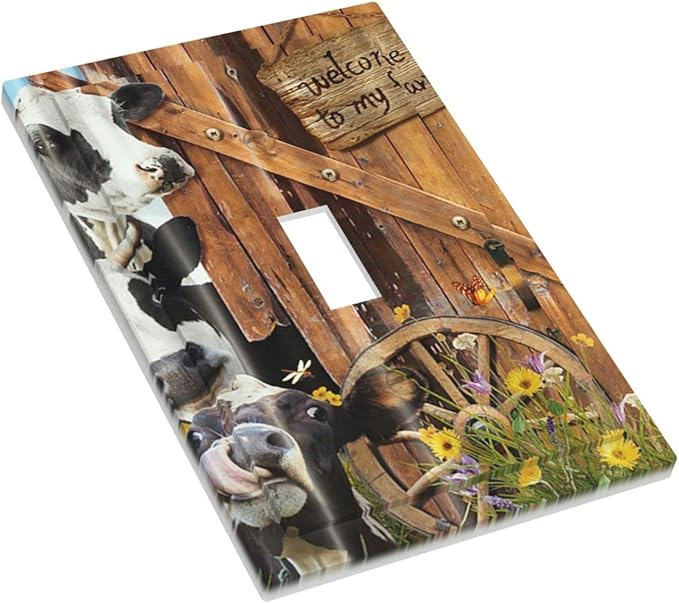 Decorative Switch Plate Covers Farm Cow Farmhouse Barn Door Rustic Vintage Wooden 1 Gang Single Toggle Light Switch Cover Jumbo Size Wall Plate Electrical Switchplate Receptacle Plug